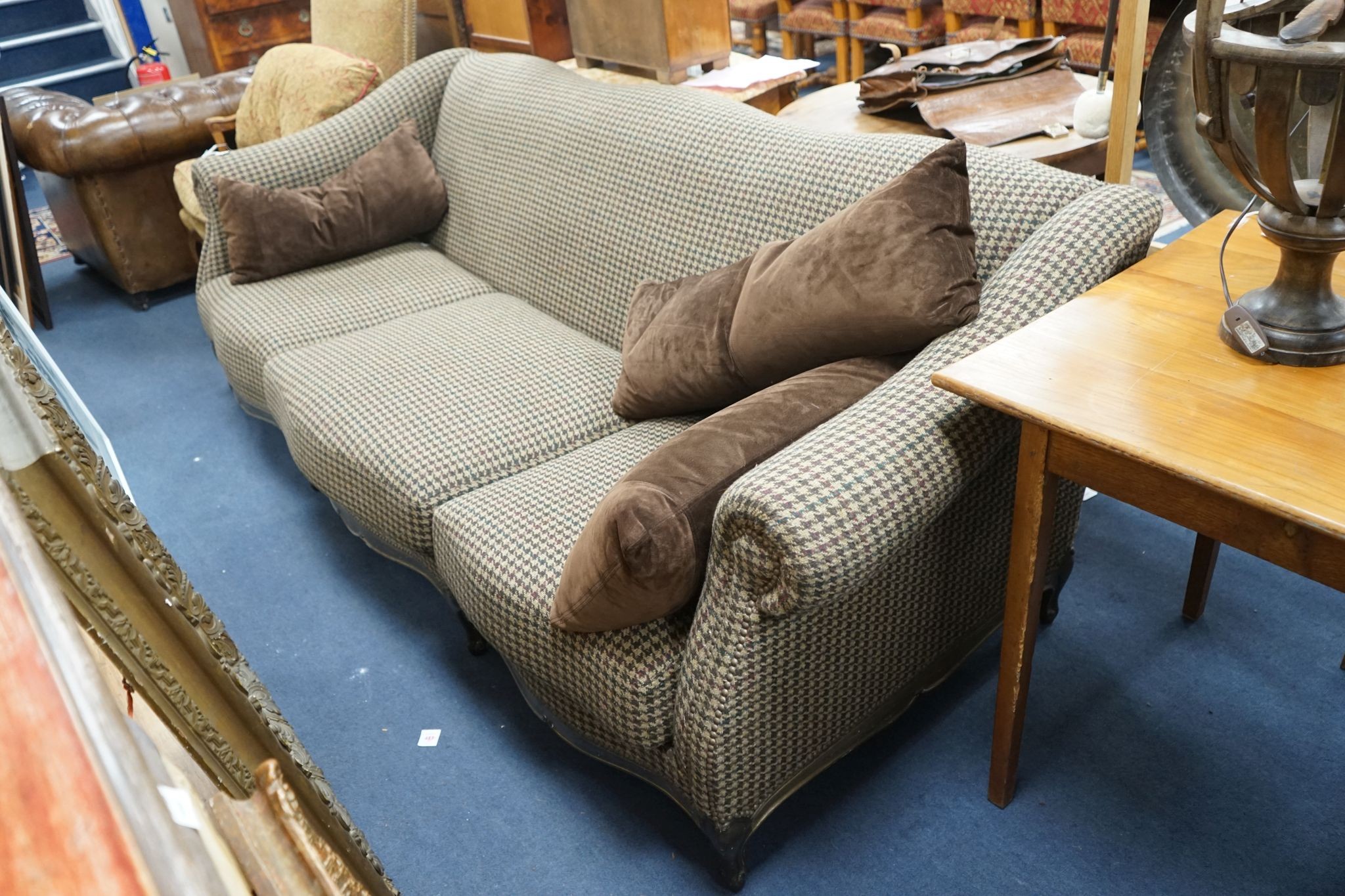 A large Louis XV style scroll arm sofa upholstered in a tweed type fabric, length 240cm, depth 96cm, height 82cm